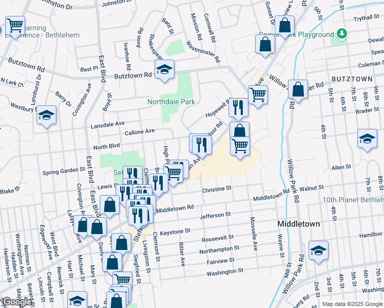 map of restaurants, bars, coffee shops, grocery stores, and more near 2446 Greencrest Drive in Bethlehem