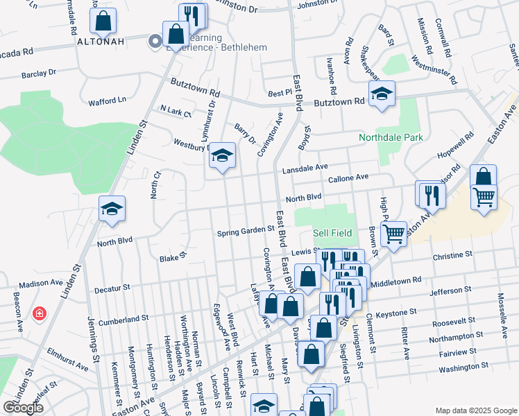 map of restaurants, bars, coffee shops, grocery stores, and more near 1344 North Boulevard in Bethlehem