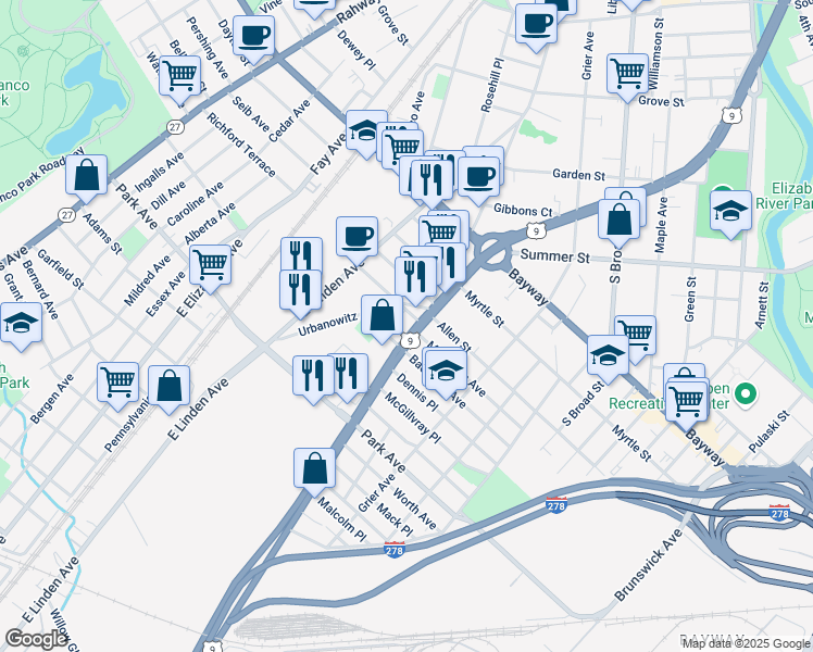 map of restaurants, bars, coffee shops, grocery stores, and more near 2423 E Edgar Rd in Linden