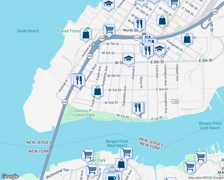 map of restaurants, bars, coffee shops, grocery stores, and more near 95 West 3rd Street in Bayonne