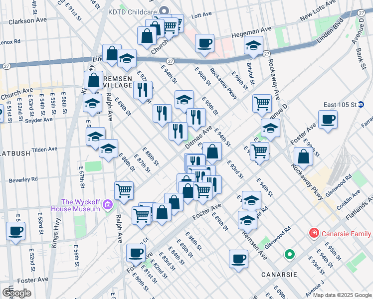 map of restaurants, bars, coffee shops, grocery stores, and more near 9024 Ditmas Avenue in Brooklyn