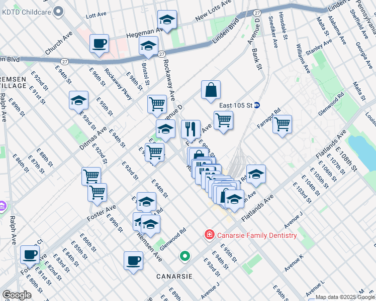 map of restaurants, bars, coffee shops, grocery stores, and more near 9720 Foster Avenue in Brooklyn