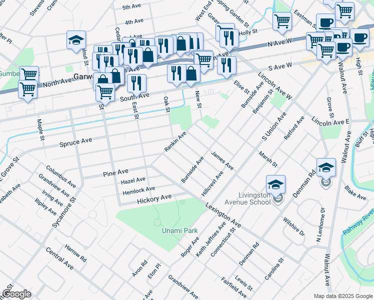 map of restaurants, bars, coffee shops, grocery stores, and more near 117 Besler Avenue in Cranford