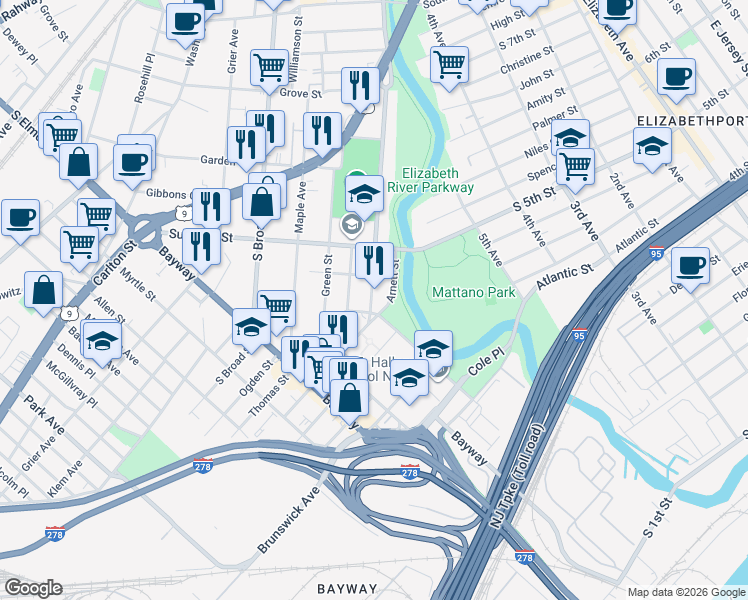 map of restaurants, bars, coffee shops, grocery stores, and more near 624B Clarkson Avenue in Elizabeth