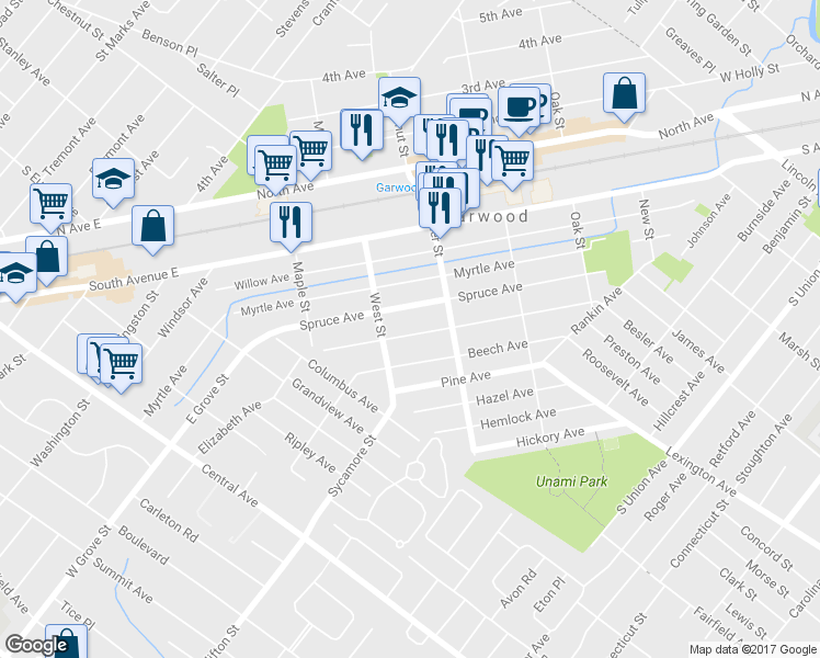 map of restaurants, bars, coffee shops, grocery stores, and more near 418 Locust Avenue in Garwood