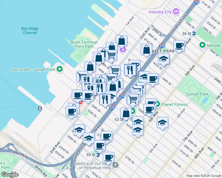 map of restaurants, bars, coffee shops, grocery stores, and more near 240 50th Street in Brooklyn