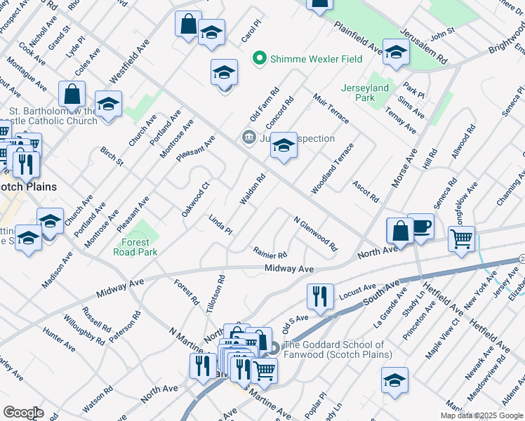 map of restaurants, bars, coffee shops, grocery stores, and more near 194 Tillotson Road in Fanwood