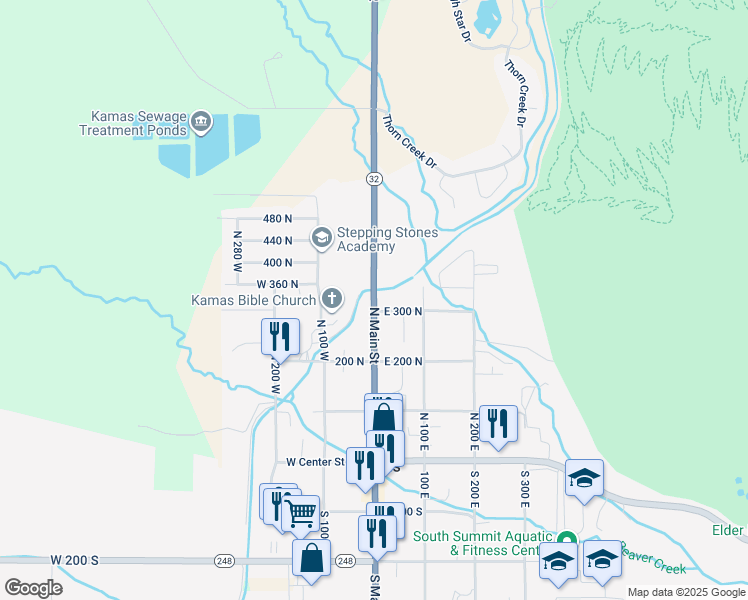 map of restaurants, bars, coffee shops, grocery stores, and more near State Road 32 in Kamas