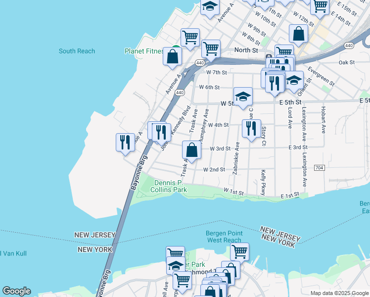 map of restaurants, bars, coffee shops, grocery stores, and more near 53 Trask Avenue in Bayonne