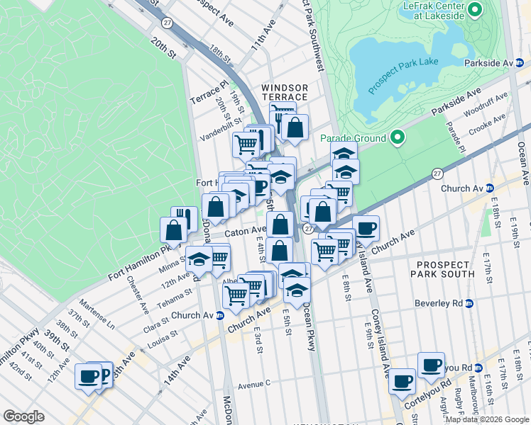 map of restaurants, bars, coffee shops, grocery stores, and more near 174 East 5th Street in Brooklyn