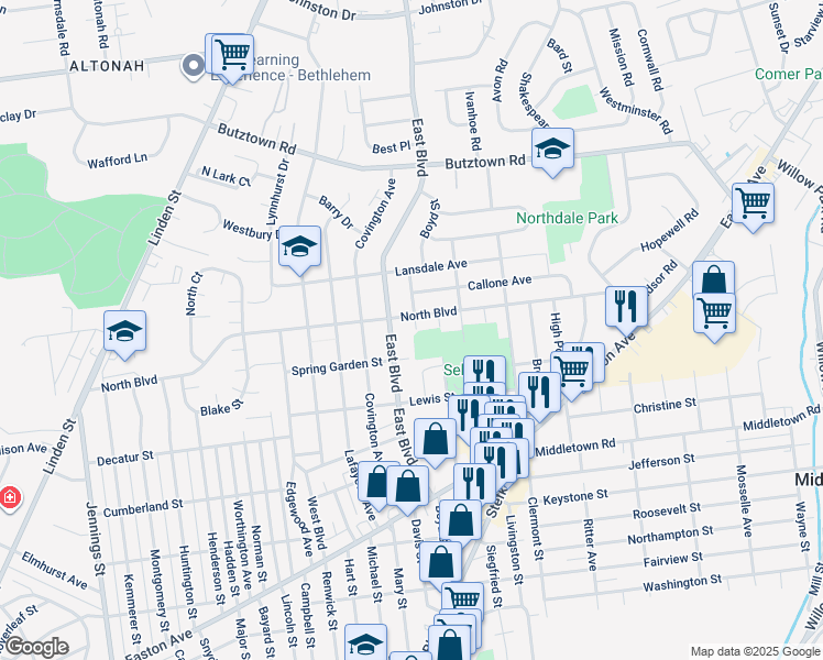 map of restaurants, bars, coffee shops, grocery stores, and more near 2430 East Boulevard in Bethlehem