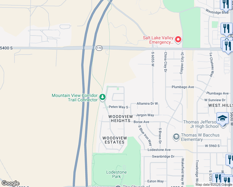 map of restaurants, bars, coffee shops, grocery stores, and more near Chama Way in West Valley City