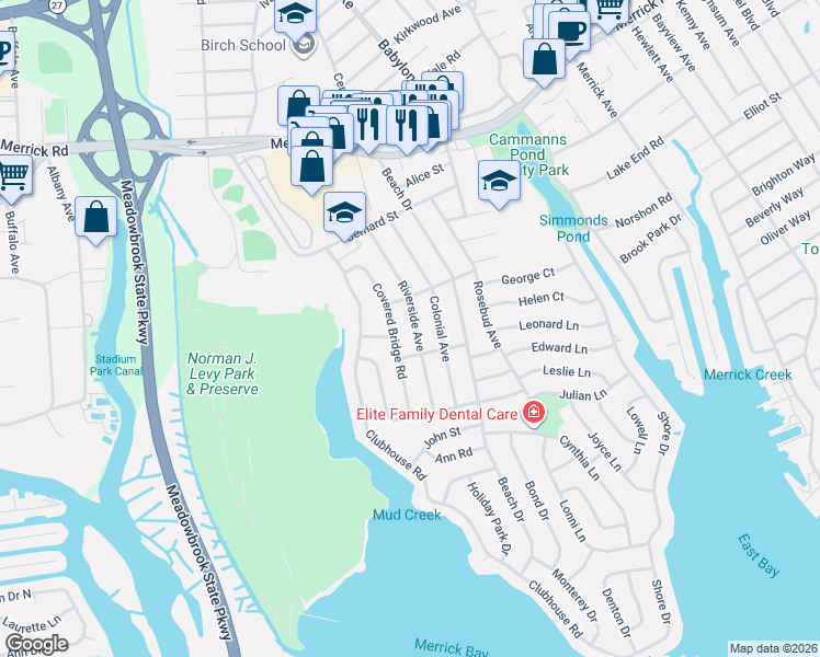 map of restaurants, bars, coffee shops, grocery stores, and more near 2754 Riverside Avenue in Merrick