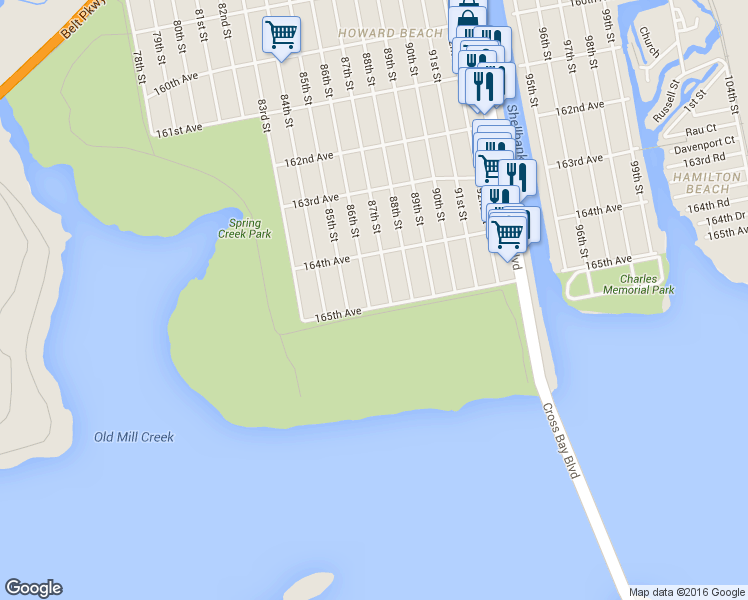map of restaurants, bars, coffee shops, grocery stores, and more near 164-47 86th Street in Queens