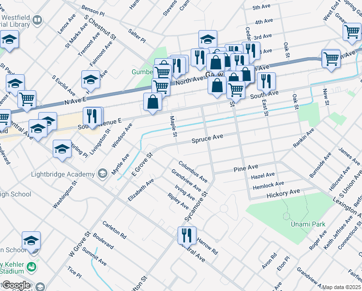 map of restaurants, bars, coffee shops, grocery stores, and more near 563 Spruce Avenue in Garwood