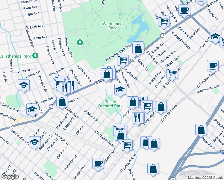 map of restaurants, bars, coffee shops, grocery stores, and more near 1601 Dill Avenue in Linden