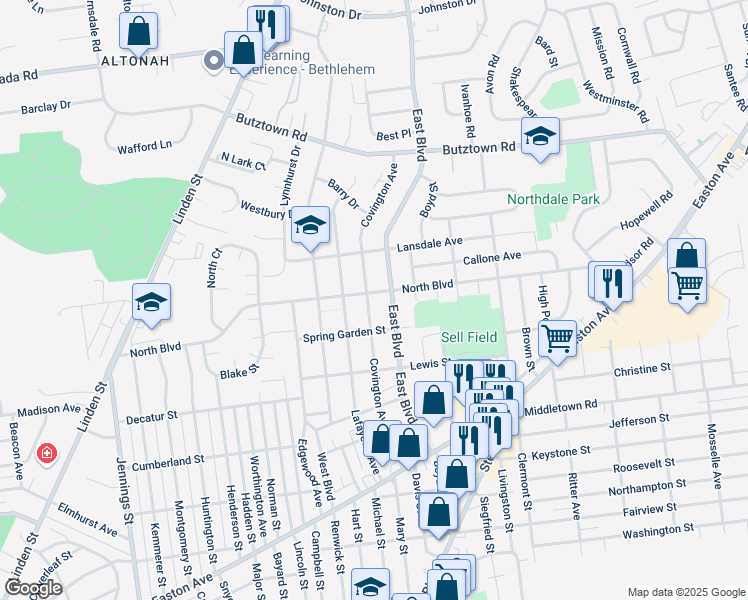 map of restaurants, bars, coffee shops, grocery stores, and more near 1344 North Boulevard in Bethlehem