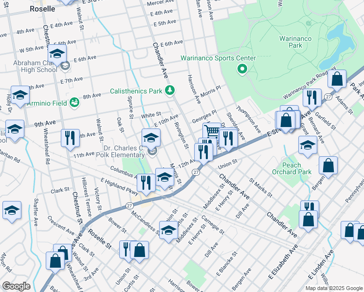 map of restaurants, bars, coffee shops, grocery stores, and more near 1111 Rivington Street in Roselle