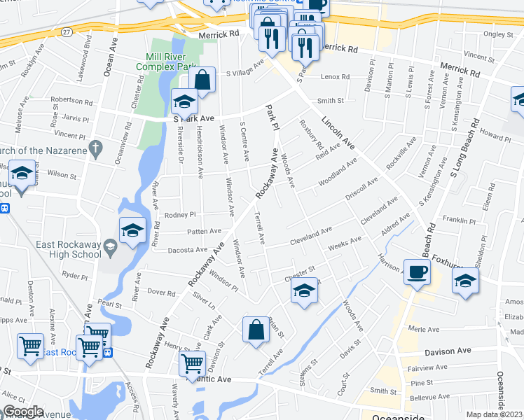 map of restaurants, bars, coffee shops, grocery stores, and more near 15 Terrell Avenue in Rockville Centre
