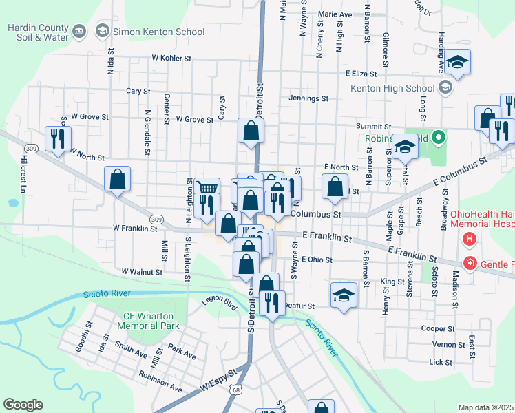 map of restaurants, bars, coffee shops, grocery stores, and more near 126 West Columbus Street in Kenton