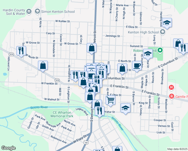 map of restaurants, bars, coffee shops, grocery stores, and more near 126 West Columbus Street in Kenton