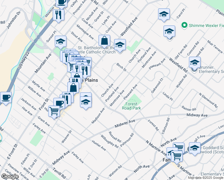 map of restaurants, bars, coffee shops, grocery stores, and more near 590 Forest Road in Scotch Plains