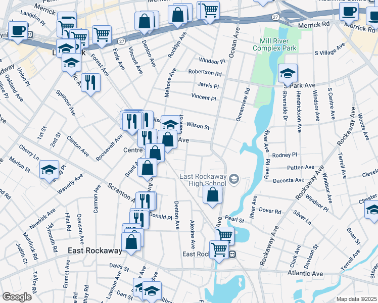 map of restaurants, bars, coffee shops, grocery stores, and more near 16 Plainfield Avenue in East Rockaway