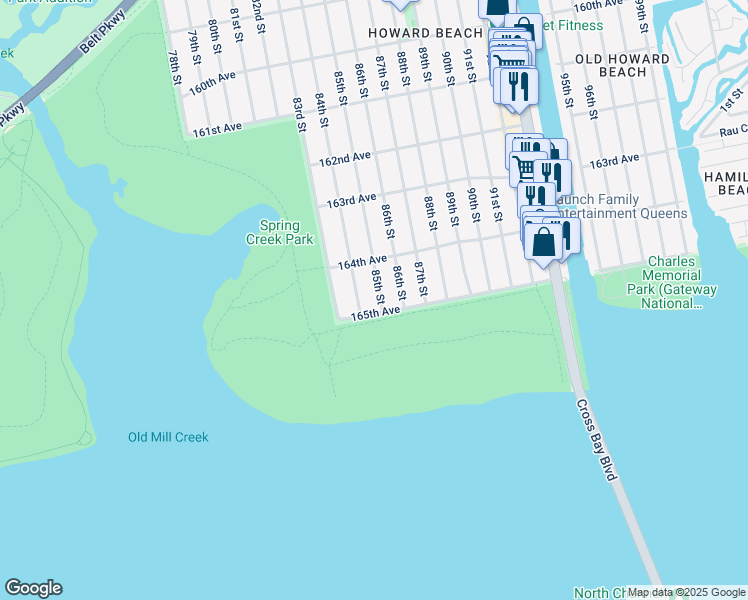 map of restaurants, bars, coffee shops, grocery stores, and more near 164-38 85th Street in Queens