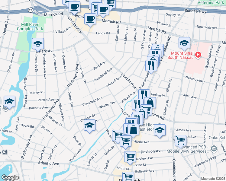 map of restaurants, bars, coffee shops, grocery stores, and more near 21 Harrison Avenue in Rockville Centre