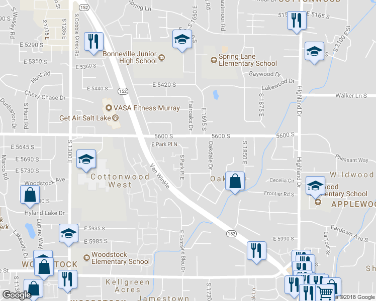 map of restaurants, bars, coffee shops, grocery stores, and more near 1676 Marvin Gardens Street in Holladay