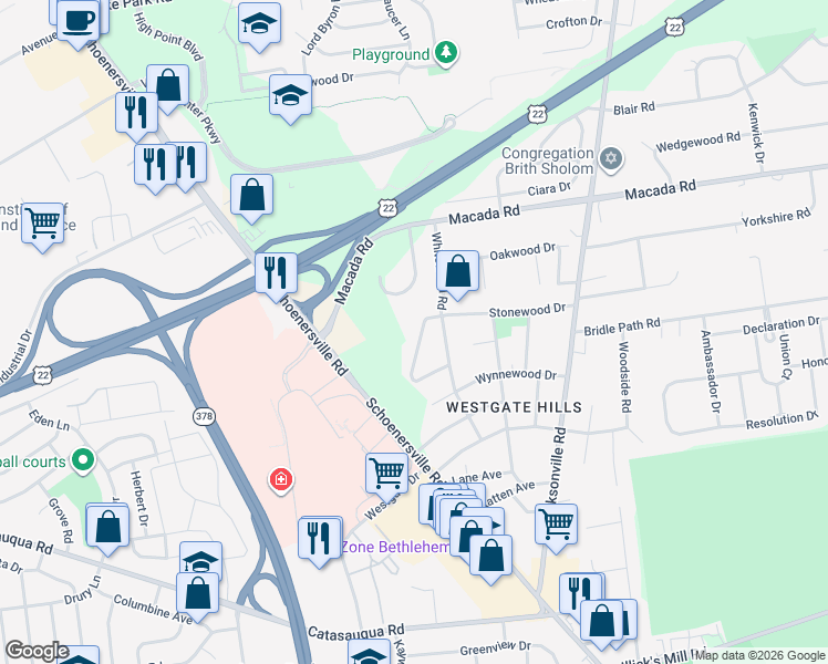 map of restaurants, bars, coffee shops, grocery stores, and more near 2747 Stonewood Drive in Bethlehem
