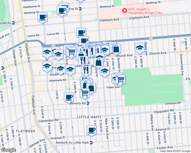 map of restaurants, bars, coffee shops, grocery stores, and more near 96 East 32nd Street in Brooklyn