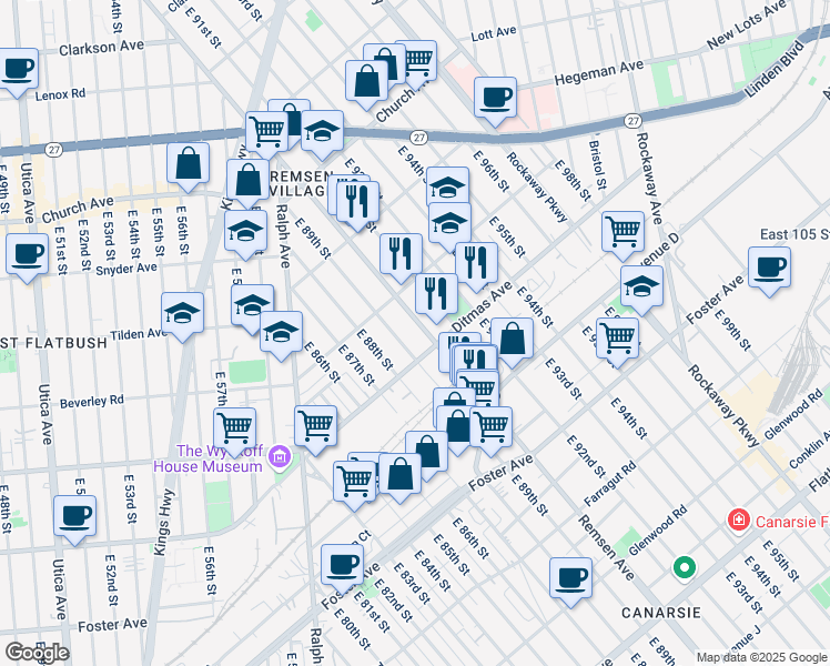 map of restaurants, bars, coffee shops, grocery stores, and more near 776 Remsen Avenue in Brooklyn