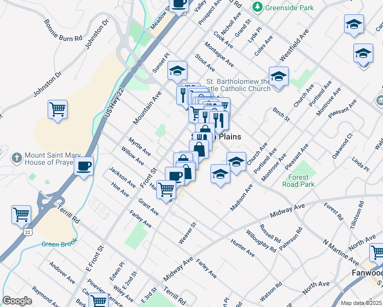 map of restaurants, bars, coffee shops, grocery stores, and more near 442 Flanders Avenue in Scotch Plains