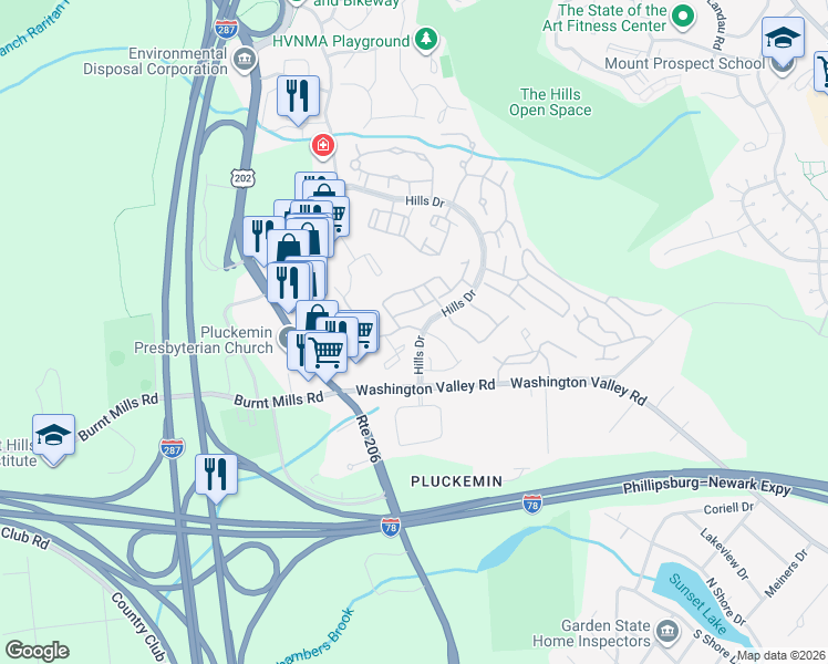 map of restaurants, bars, coffee shops, grocery stores, and more near 72 Larkspur Court in Bedminster