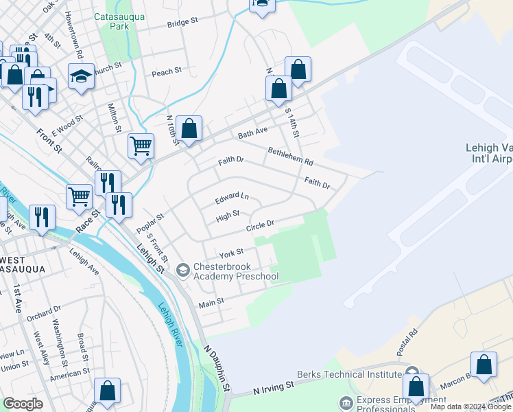 map of restaurants, bars, coffee shops, grocery stores, and more near 640 South 14th Street in Catasauqua