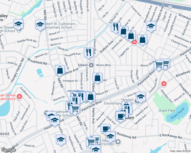 map of restaurants, bars, coffee shops, grocery stores, and more near 155 Gibson Boulevard in Valley Stream