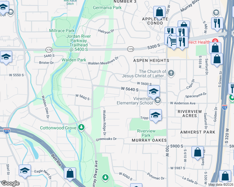 map of restaurants, bars, coffee shops, grocery stores, and more near 904 West Bellshill Drive in Murray
