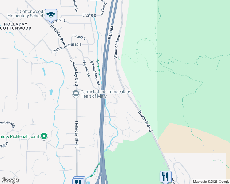 map of restaurants, bars, coffee shops, grocery stores, and more near 3099 Silver Hawk Drive in Holladay