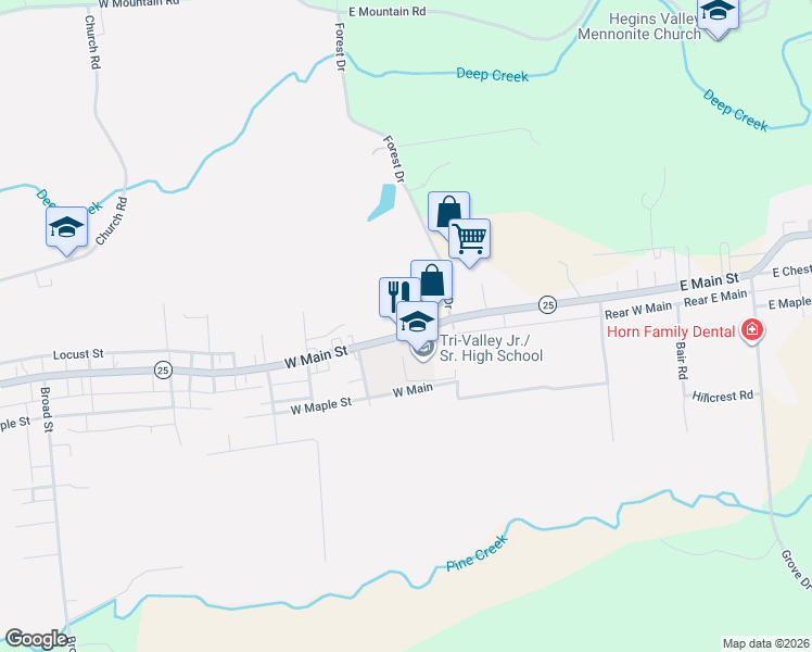 map of restaurants, bars, coffee shops, grocery stores, and more near 162 East Main Street in Hegins