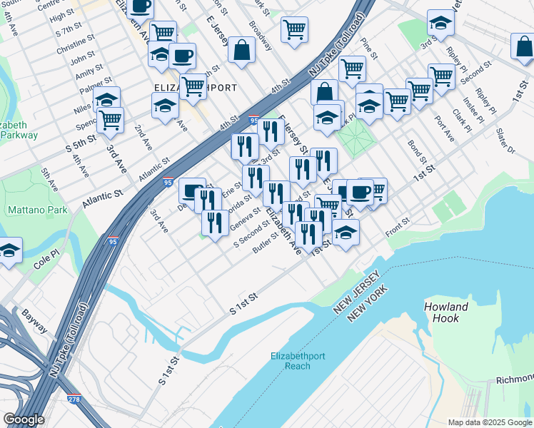 map of restaurants, bars, coffee shops, grocery stores, and more near 206 Elizabeth Avenue in Elizabeth