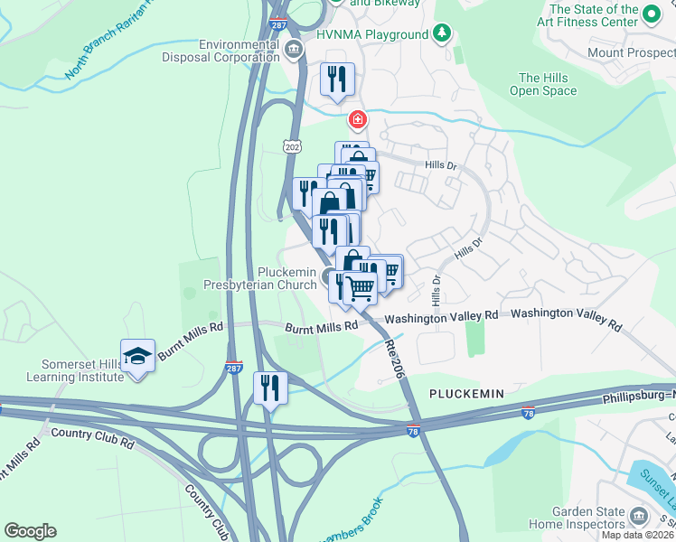 map of restaurants, bars, coffee shops, grocery stores, and more near 302 U.S. 202 in Bedminster