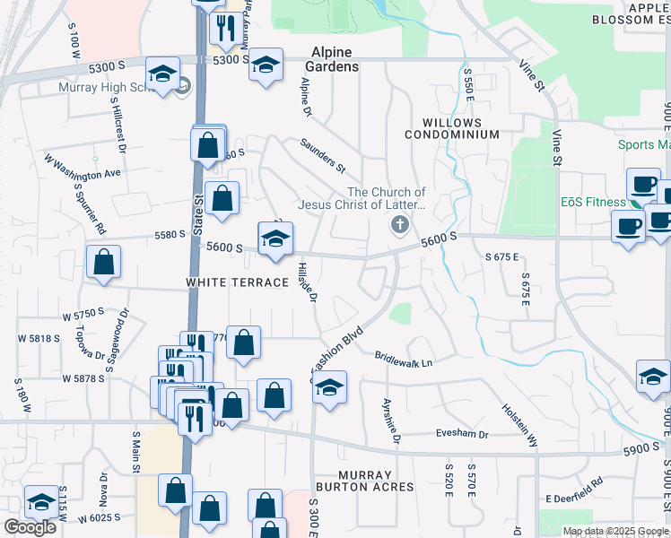 map of restaurants, bars, coffee shops, grocery stores, and more near 404 East 5600 South in Murray