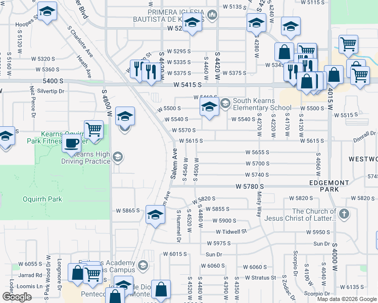 map of restaurants, bars, coffee shops, grocery stores, and more near 5655 South 4540 West in Kearns