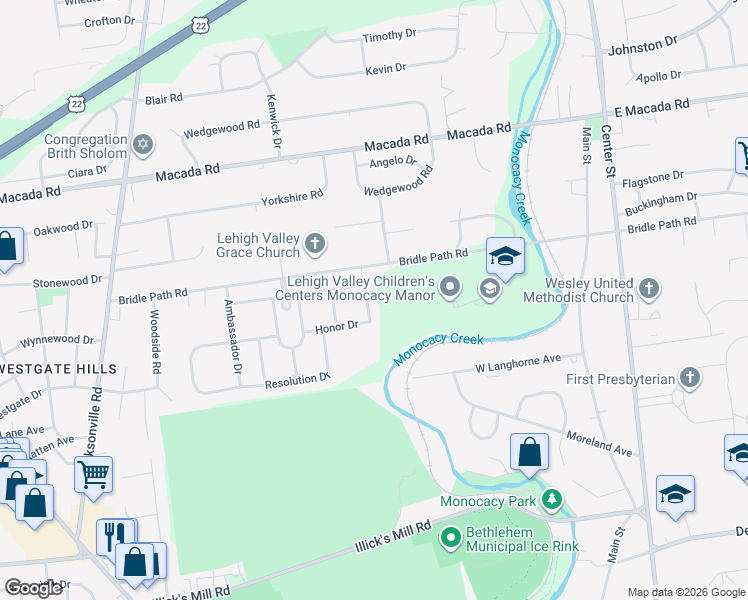 map of restaurants, bars, coffee shops, grocery stores, and more near 2616 Pioneer Road in Bethlehem