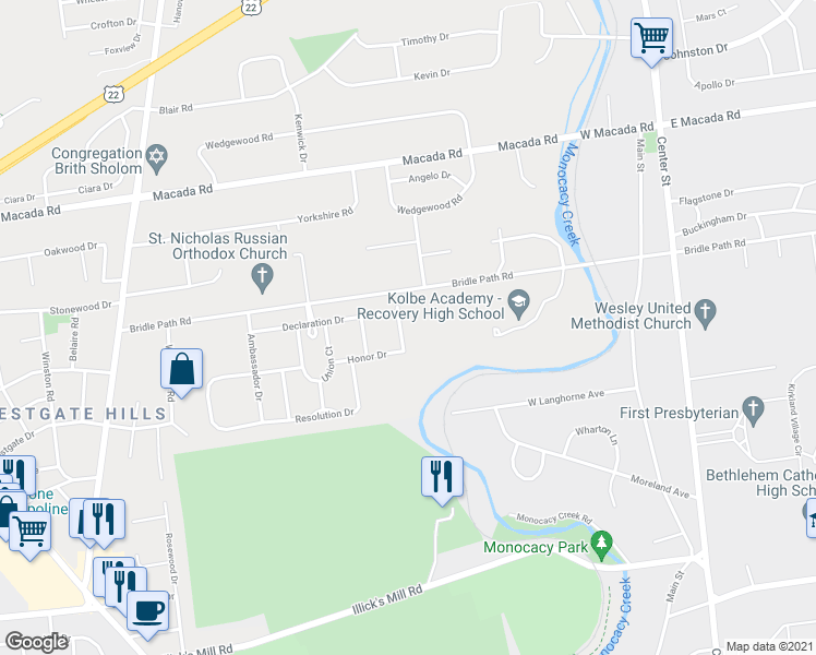 map of restaurants, bars, coffee shops, grocery stores, and more near 2616 Pioneer Road in Bethlehem