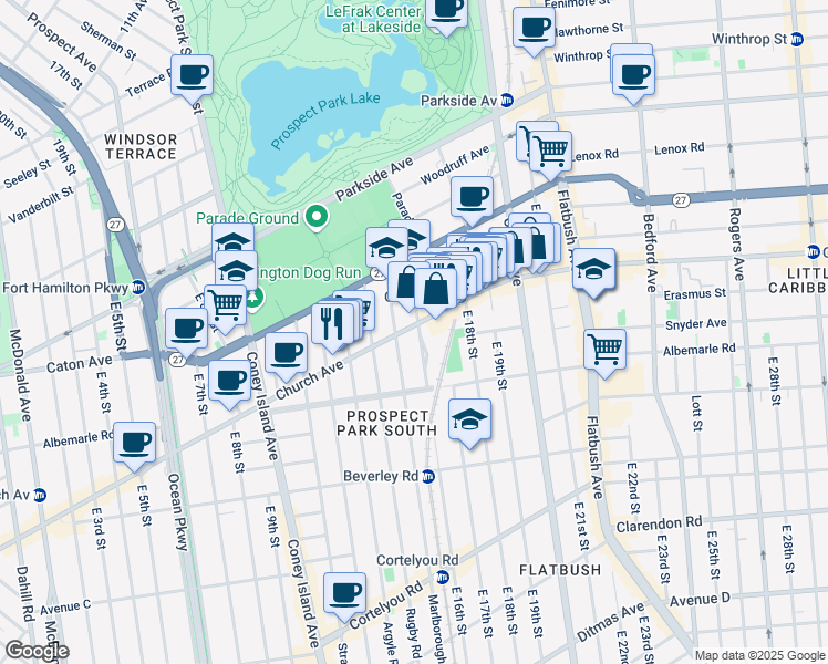 map of restaurants, bars, coffee shops, grocery stores, and more near 84 Buckingham Road in Brooklyn
