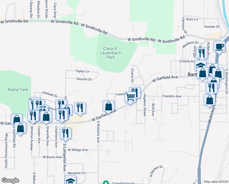 map of restaurants, bars, coffee shops, grocery stores, and more near 201 Lawndale Avenue in Bartonville