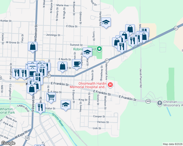 map of restaurants, bars, coffee shops, grocery stores, and more near 81 Resch Street in Kenton