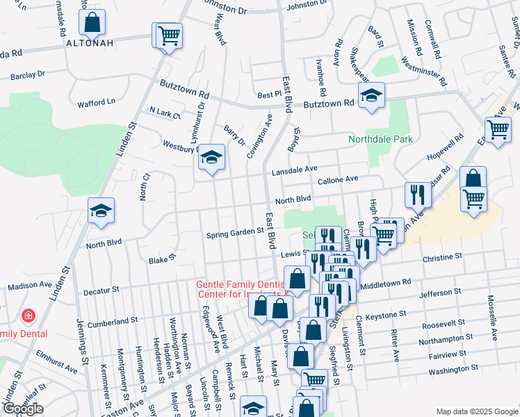 map of restaurants, bars, coffee shops, grocery stores, and more near 1348 North Boulevard in Bethlehem